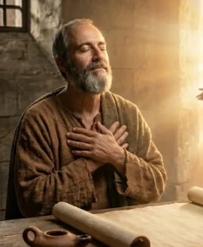 Ilustração do Apóstolo Paulo escrevendo em uma prisão romana, com luz simbólica representando a esperança na ressurreição.