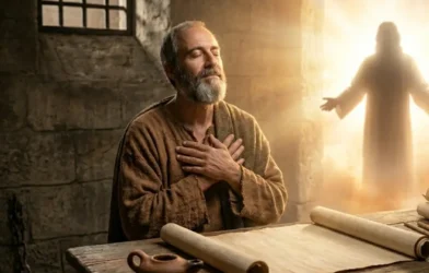 Ilustração do Apóstolo Paulo escrevendo em uma prisão romana, com luz simbólica representando a esperança na ressurreição.