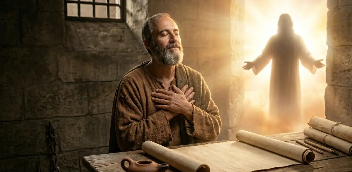 Ilustração do Apóstolo Paulo escrevendo em uma prisão romana, com luz simbólica representando a esperança na ressurreição.